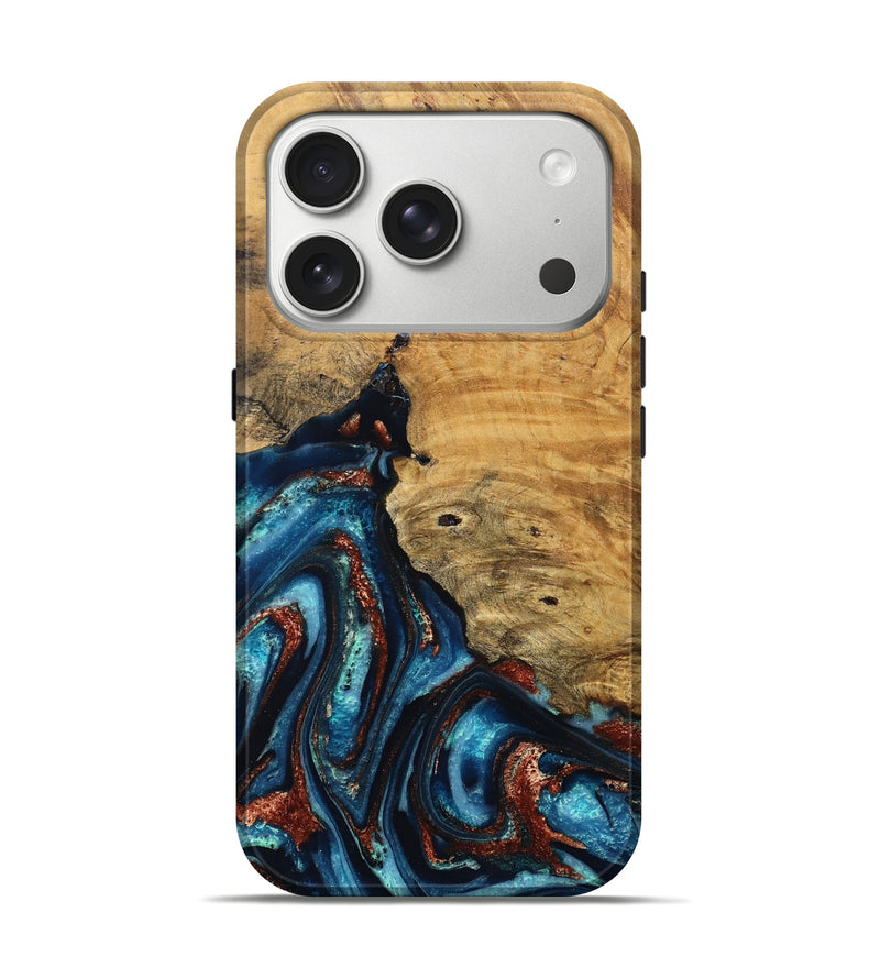 iPhone 17 Pro Wood Live Edge Phone Case - Adan (Teal & Gold, 824322)