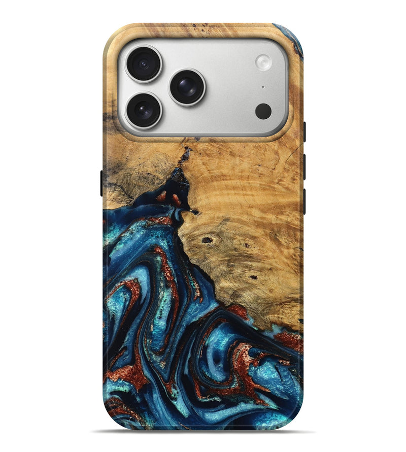 iPhone 17 Pro Max Wood Live Edge Phone Case - Adan (Teal & Gold, 824322)