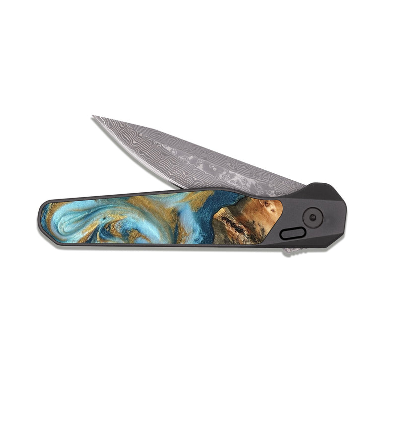 EDC Dark Damascus Wood Pocket Knife - Brennen (Teal & Gold, 824548)