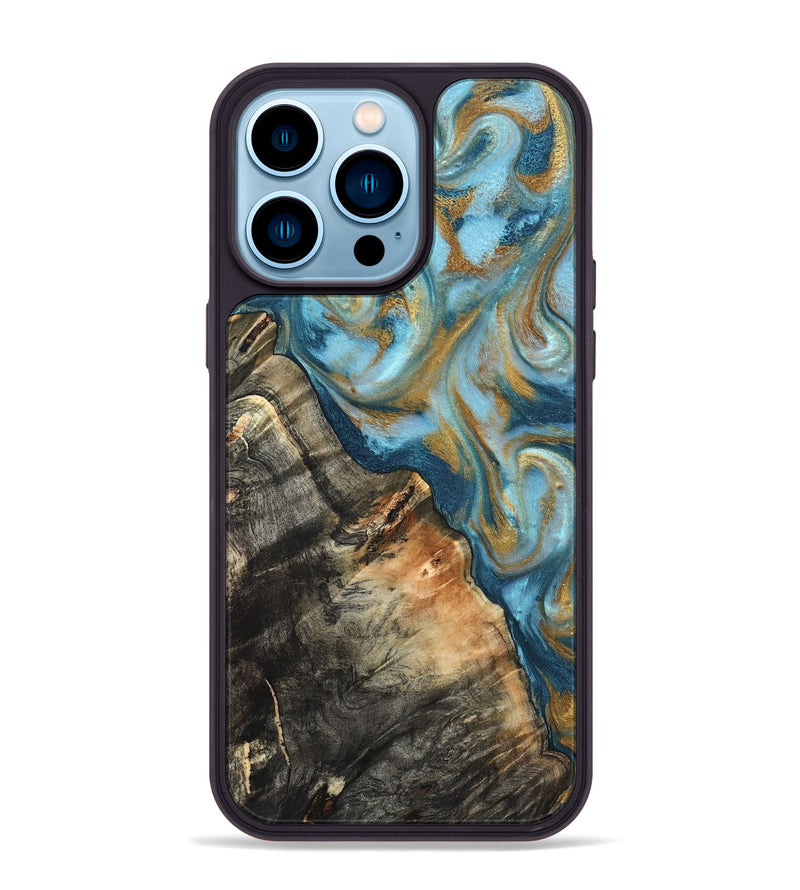 iPhone 14 Pro Max Wood Phone Case - Brennen (Teal & Gold, 824548)