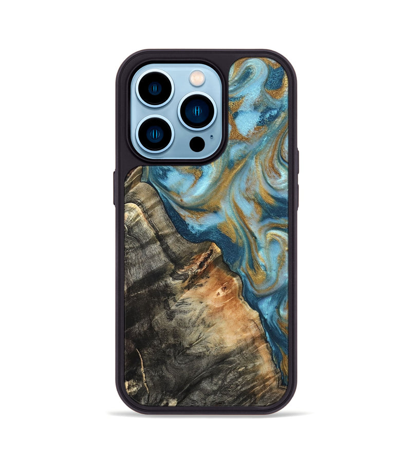 iPhone 14 Pro Wood Phone Case - Brennen (Teal & Gold, 824548)