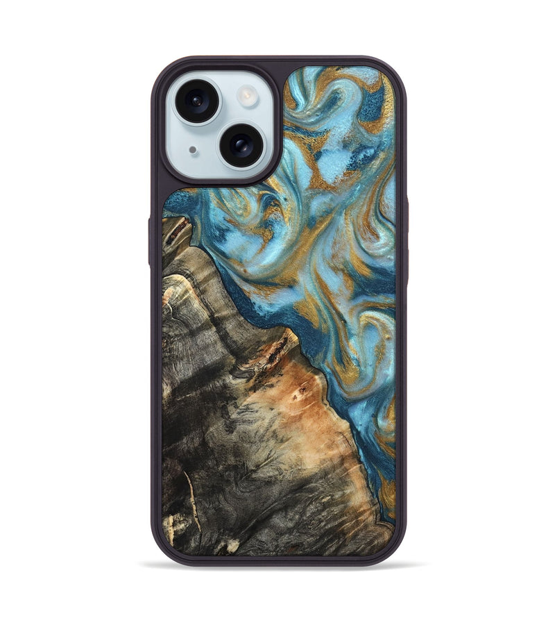 iPhone 15 Wood Phone Case - Brennen (Teal & Gold, 824548)