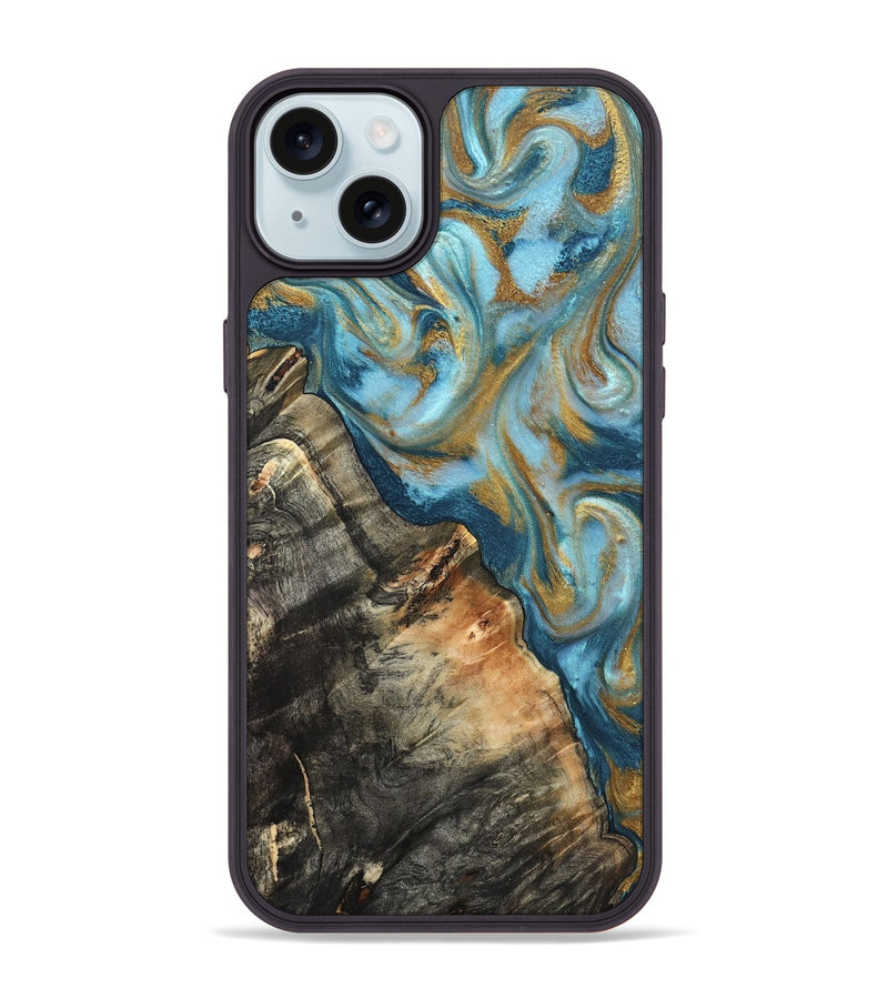 iPhone 15 Plus Wood Phone Case - Brennen (Teal & Gold, 824548)
