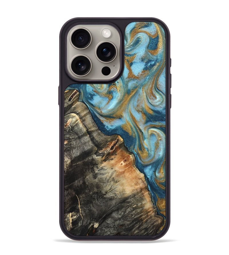 iPhone 15 Pro Max Wood Phone Case - Brennen (Teal & Gold, 824548)