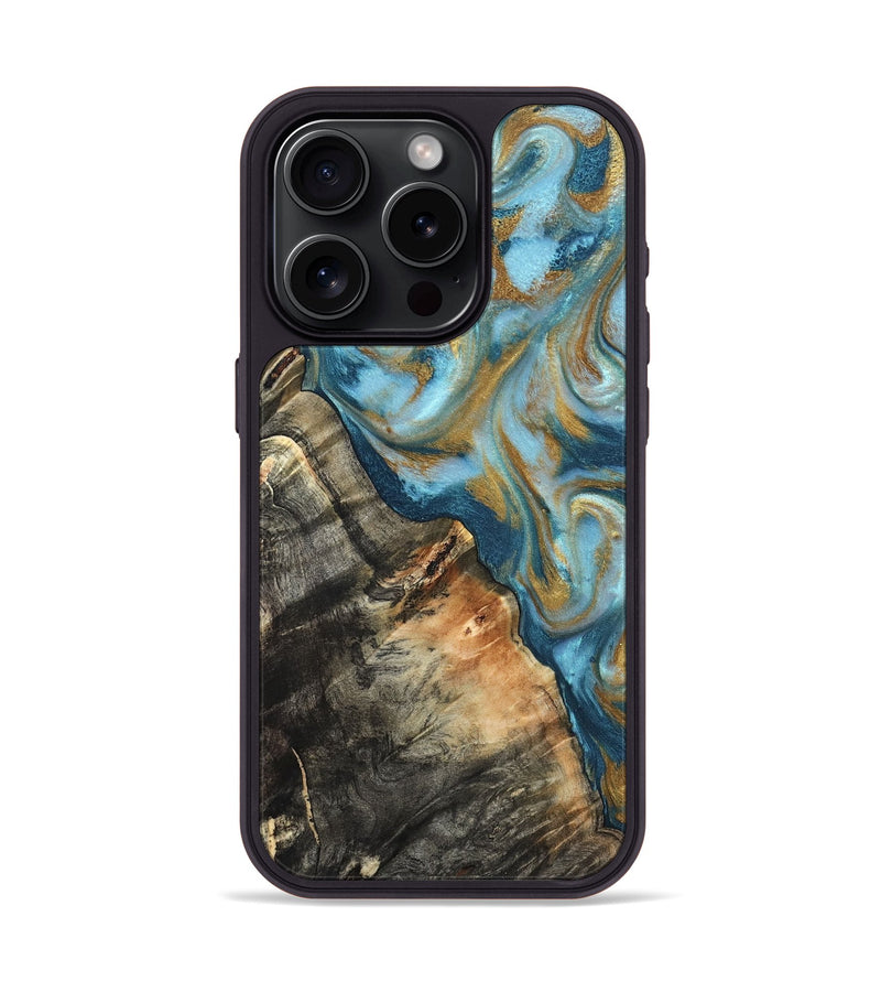 iPhone 15 Pro Wood Phone Case - Brennen (Teal & Gold, 824548)