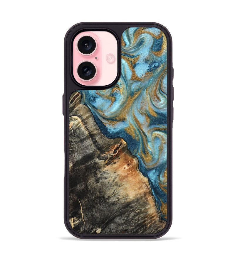 iPhone 16 Wood Phone Case - Brennen (Teal & Gold, 824548)