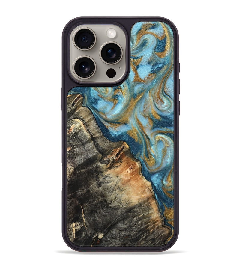 iPhone 16 Pro Max Wood Phone Case - Brennen (Teal & Gold, 824548)