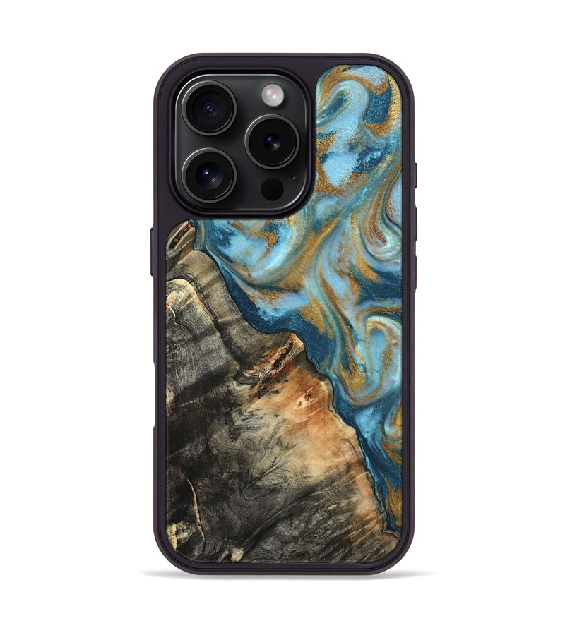 iPhone 16 Pro Wood Phone Case - Brennen (Teal & Gold, 824548)