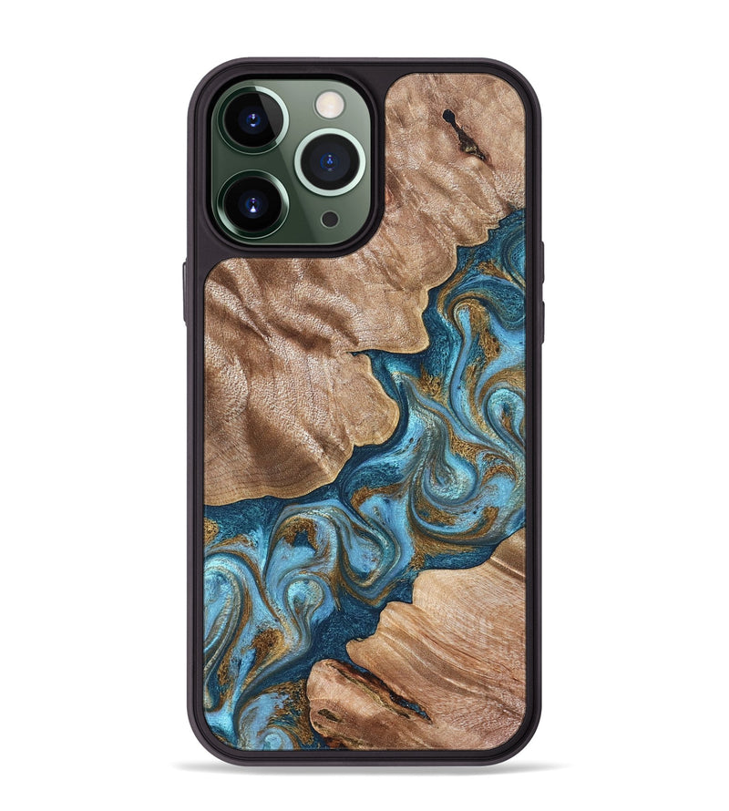 iPhone 13 Pro Max Wood Phone Case - Kamron (Teal & Gold, 824551)