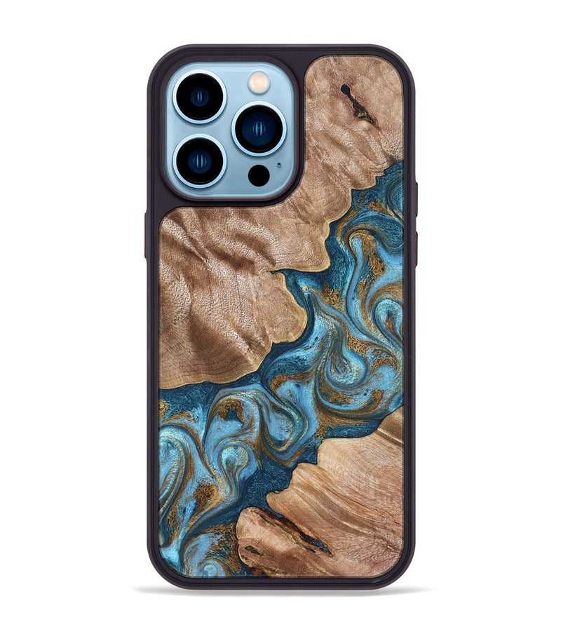 iPhone 14 Pro Max Wood Phone Case - Kamron (Teal & Gold, 824551)
