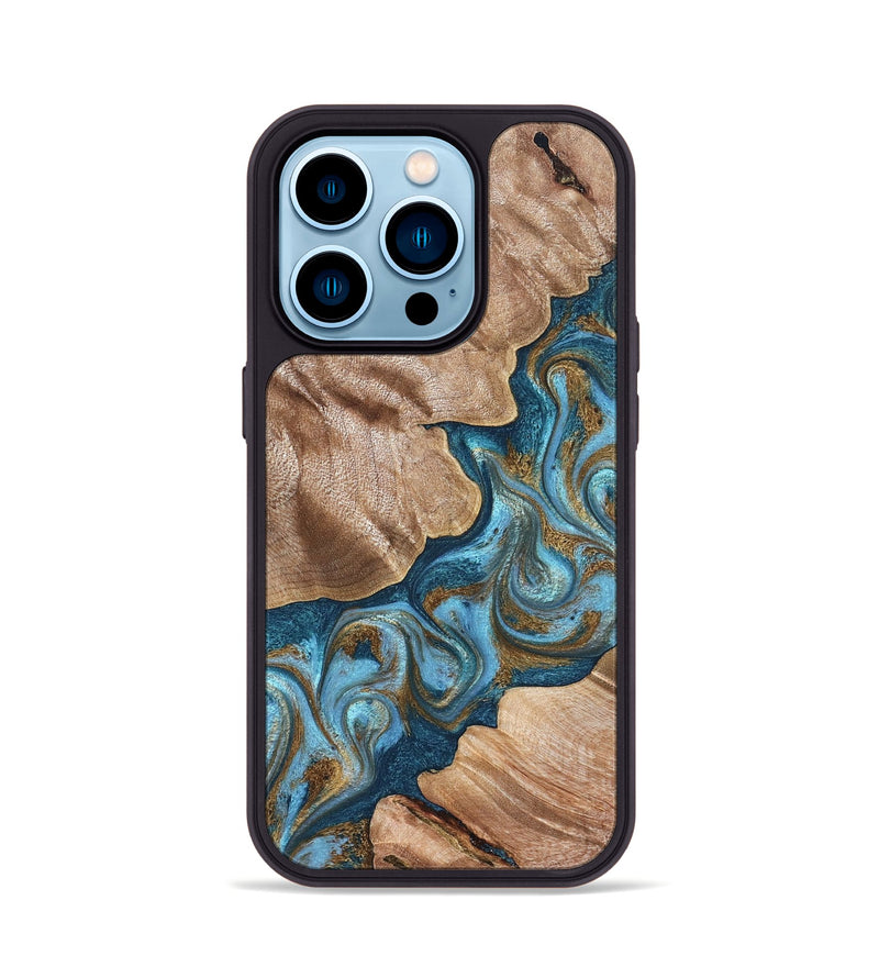iPhone 14 Pro Wood Phone Case - Kamron (Teal & Gold, 824551)