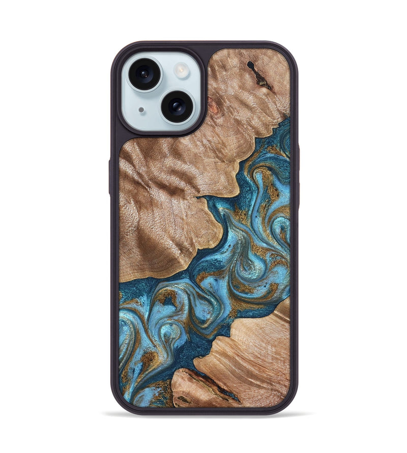 iPhone 15 Wood Phone Case - Kamron (Teal & Gold, 824551)