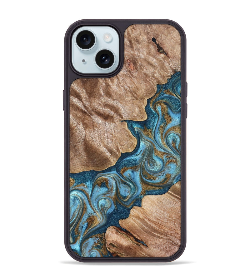 iPhone 15 Plus Wood Phone Case - Kamron (Teal & Gold, 824551)