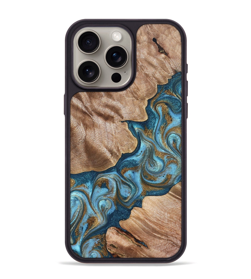 iPhone 15 Pro Max Wood Phone Case - Kamron (Teal & Gold, 824551)