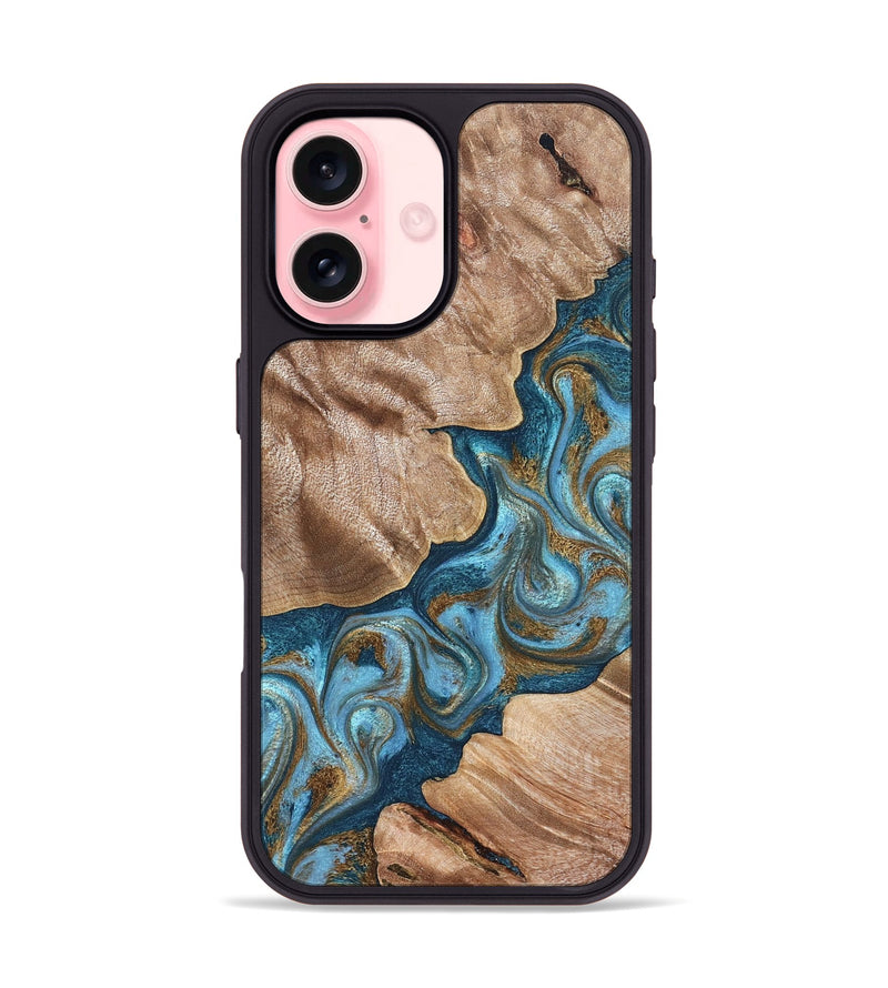 iPhone 16 Wood Phone Case - Kamron (Teal & Gold, 824551)