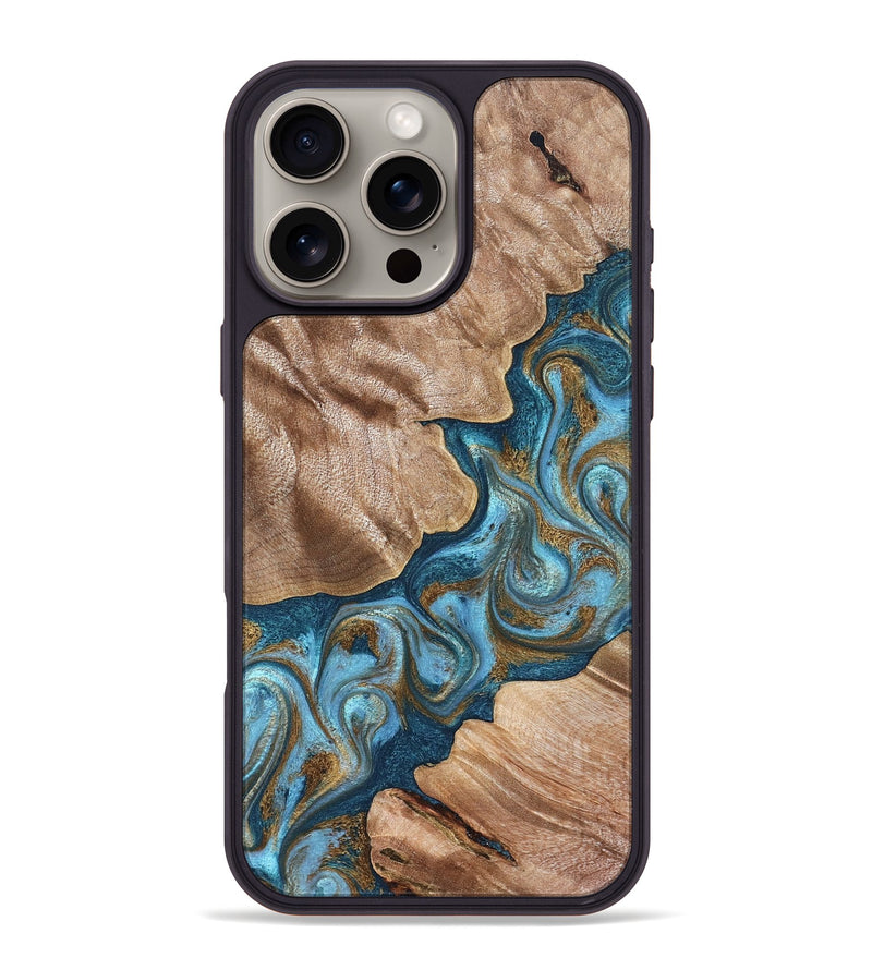 iPhone 16 Pro Max Wood Phone Case - Kamron (Teal & Gold, 824551)