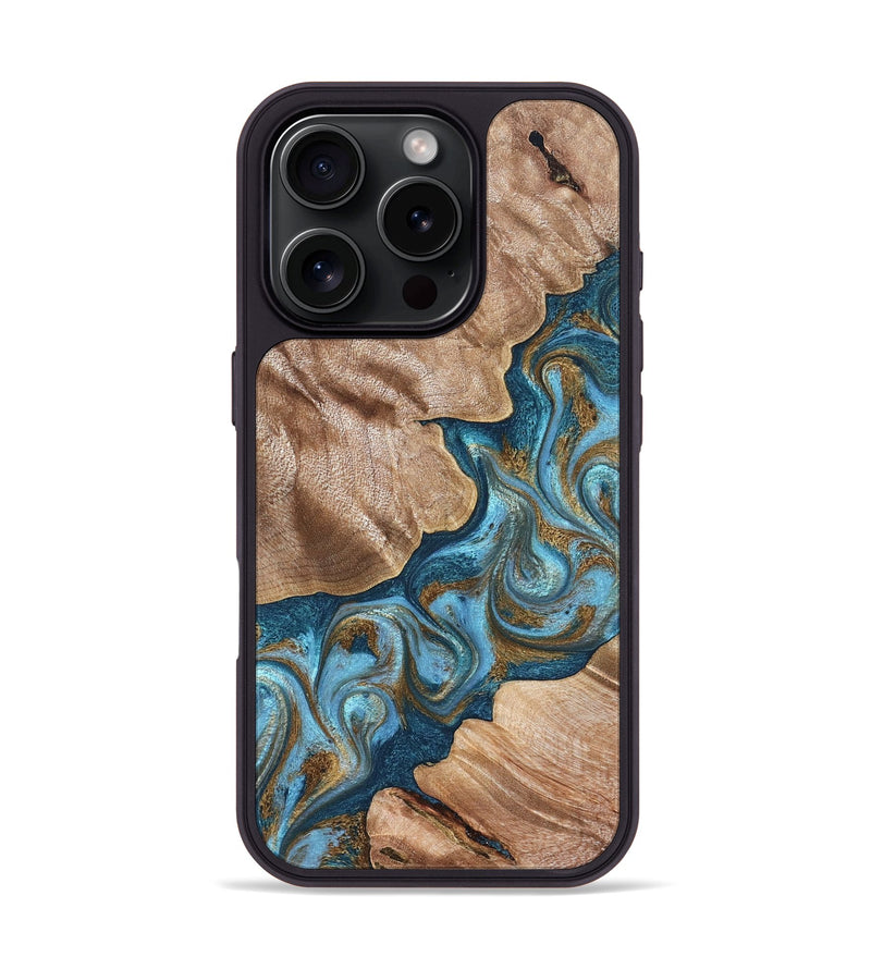 iPhone 16 Pro Wood Phone Case - Kamron (Teal & Gold, 824551)