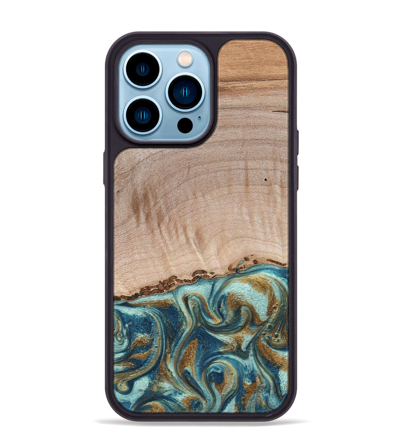 iPhone 14 Pro Max Wood Phone Case - Hampton (Teal & Gold, 824552)