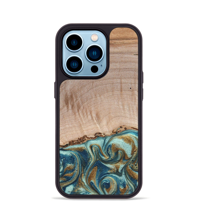 iPhone 14 Pro Wood Phone Case - Hampton (Teal & Gold, 824552)
