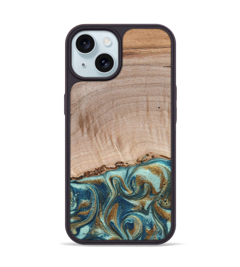 iPhone 15 Wood Phone Case - Hampton (Teal & Gold, 824552)