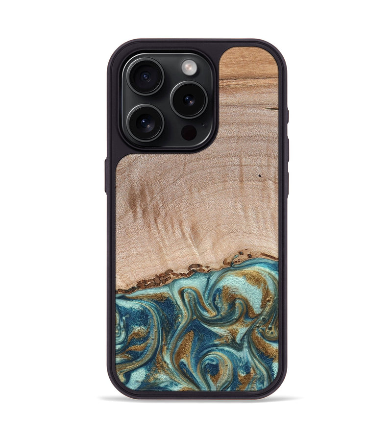 iPhone 15 Pro Wood Phone Case - Hampton (Teal & Gold, 824552)