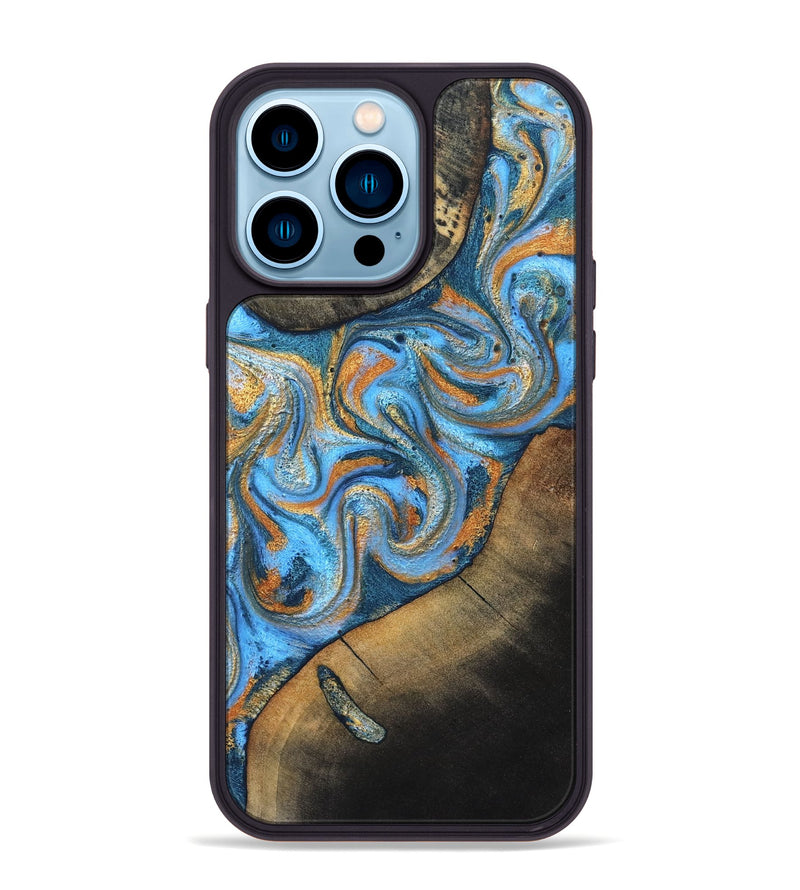 iPhone 14 Pro Max Wood Phone Case - Arminta (Teal & Gold, 824553)