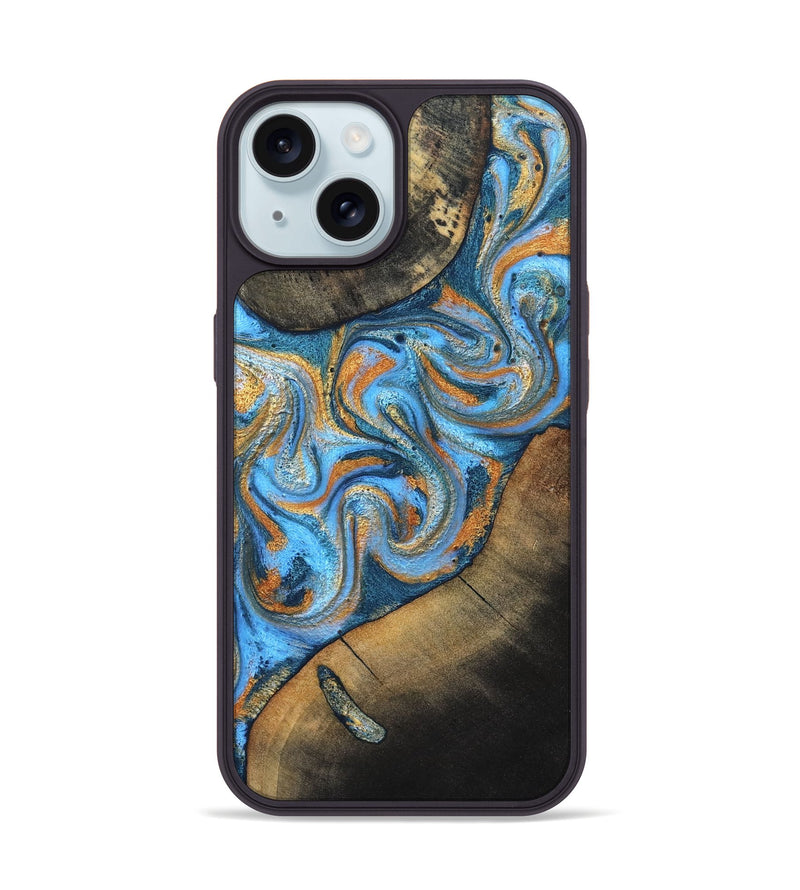 iPhone 15 Wood Phone Case - Arminta (Teal & Gold, 824553)