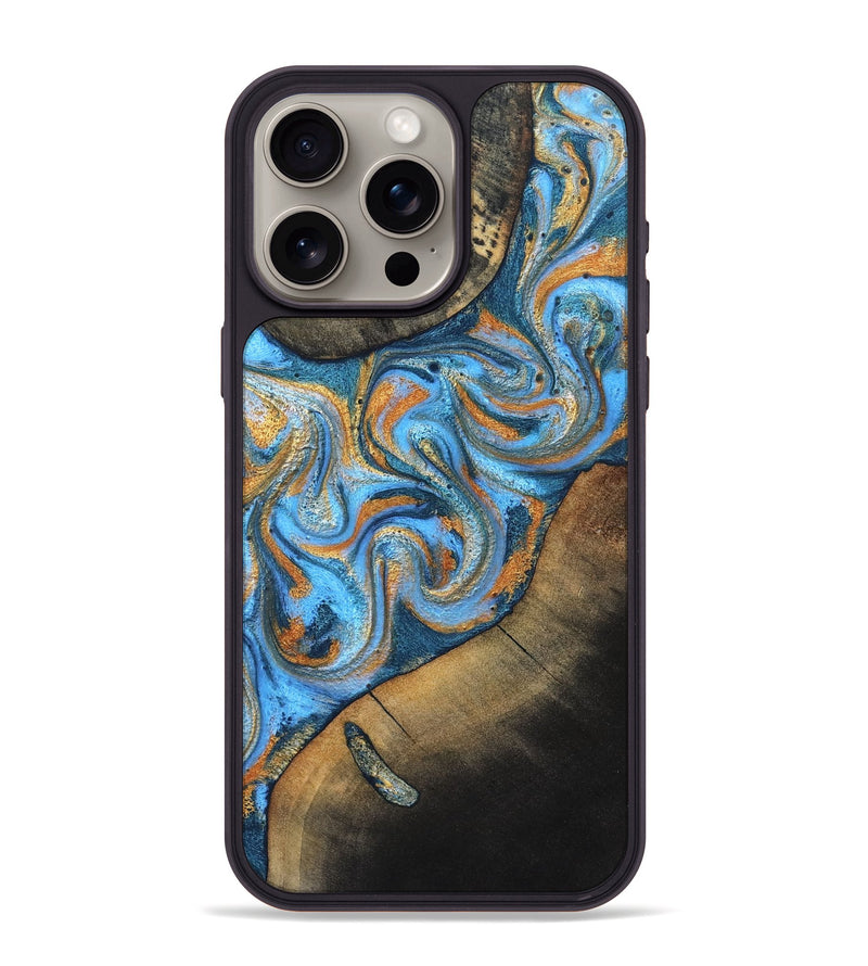 iPhone 15 Pro Max Wood Phone Case - Arminta (Teal & Gold, 824553)