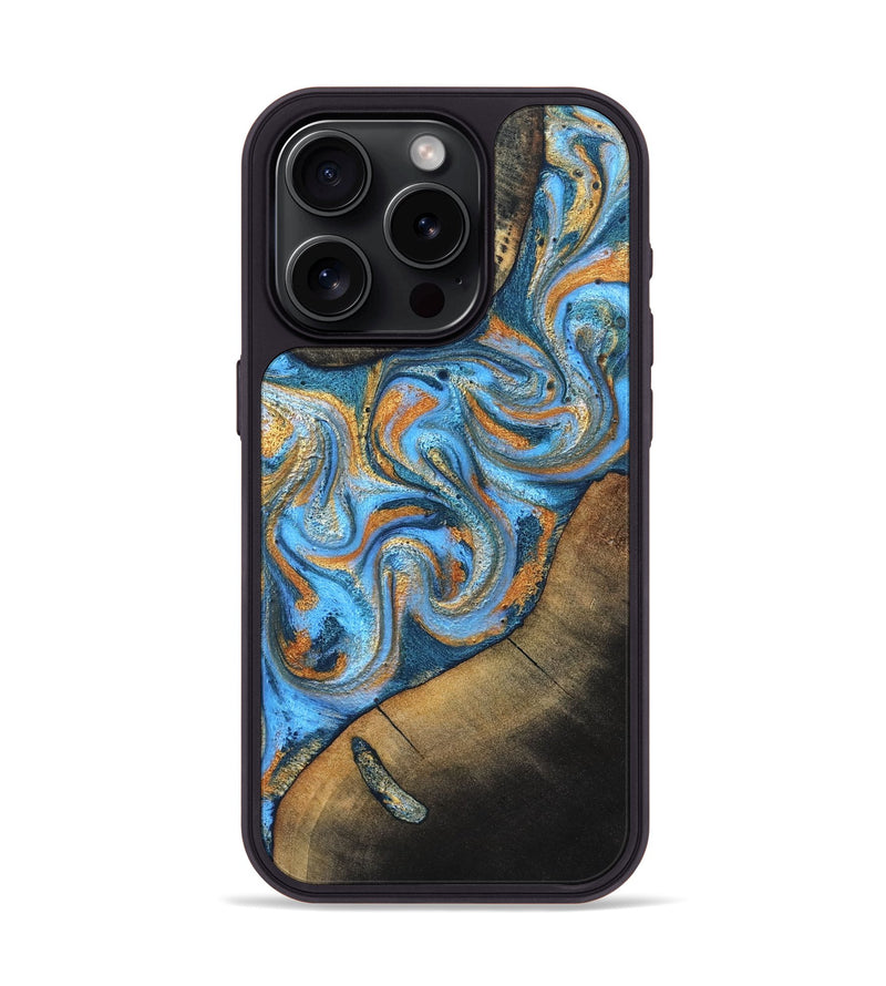 iPhone 15 Pro Wood Phone Case - Arminta (Teal & Gold, 824553)