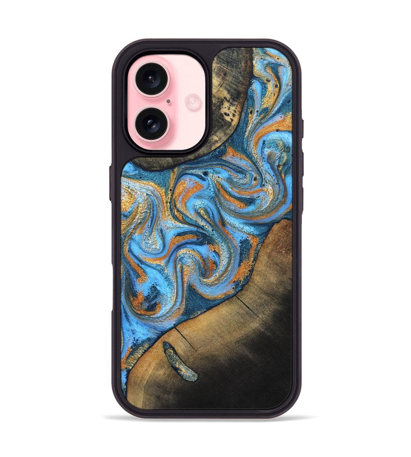 iPhone 16 Wood Phone Case - Arminta (Teal & Gold, 824553)
