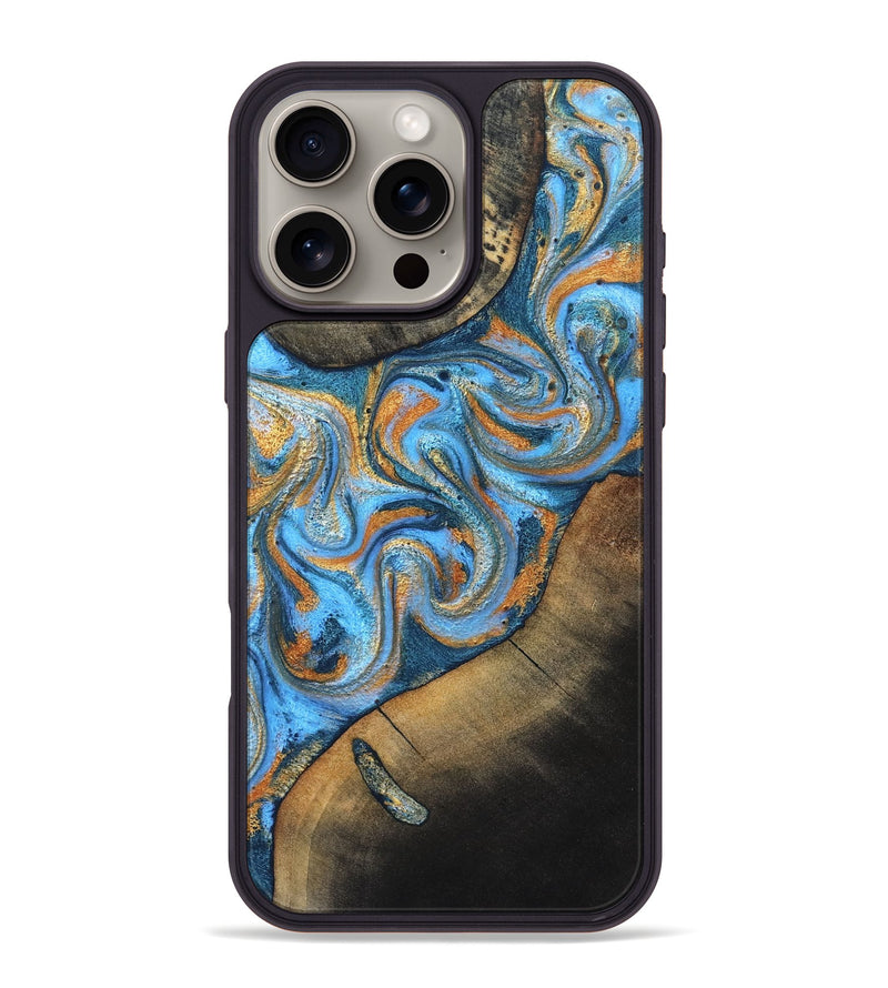iPhone 16 Pro Max Wood Phone Case - Arminta (Teal & Gold, 824553)