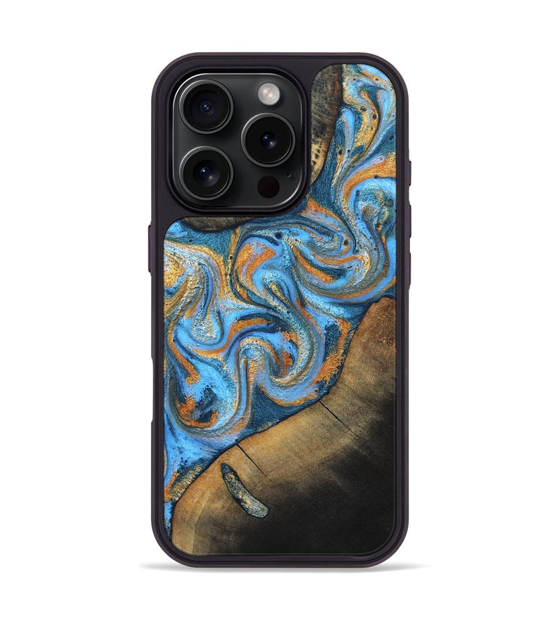 iPhone 16 Pro Wood Phone Case - Arminta (Teal & Gold, 824553)
