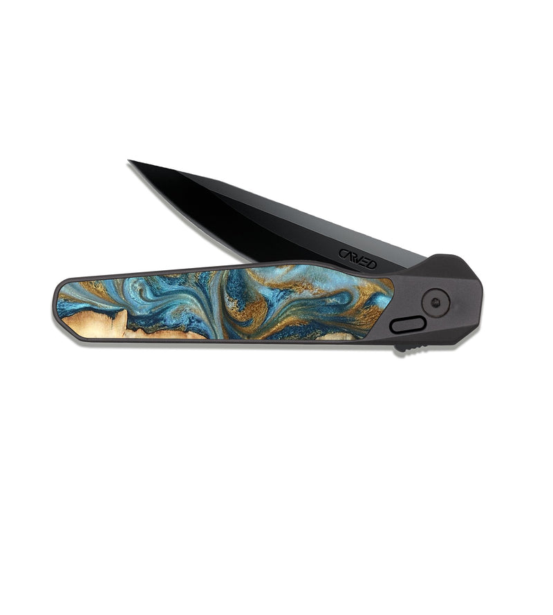 EDC Dark Slate Wood Pocket Knife - Kisha (Teal & Gold, 824555)