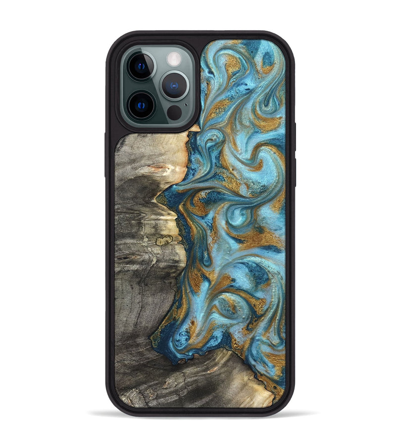 iPhone 12 Pro Max Wood Phone Case - Kisha (Teal & Gold, 824555)