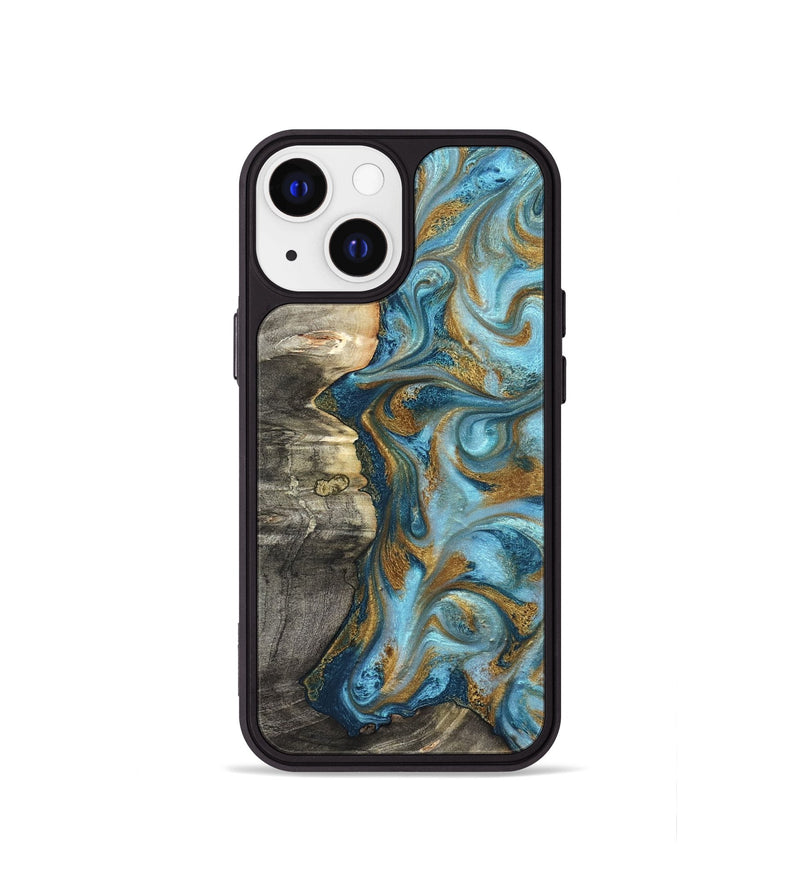 iPhone 13 mini Wood Phone Case - Kisha (Teal & Gold, 824555)