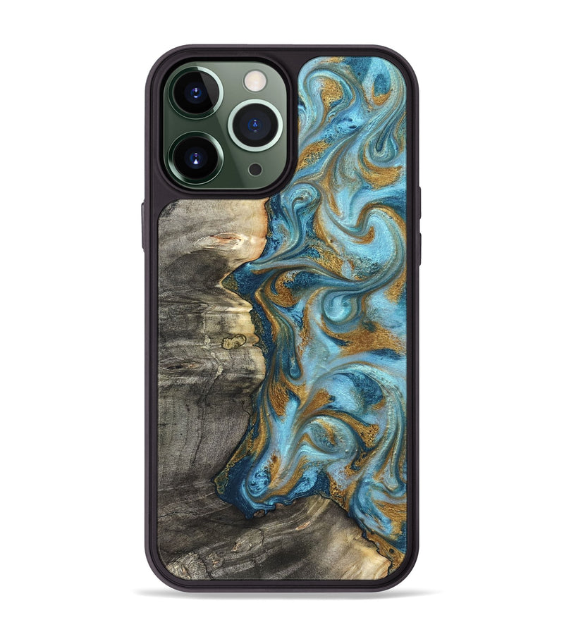 iPhone 13 Pro Max Wood Phone Case - Kisha (Teal & Gold, 824555)