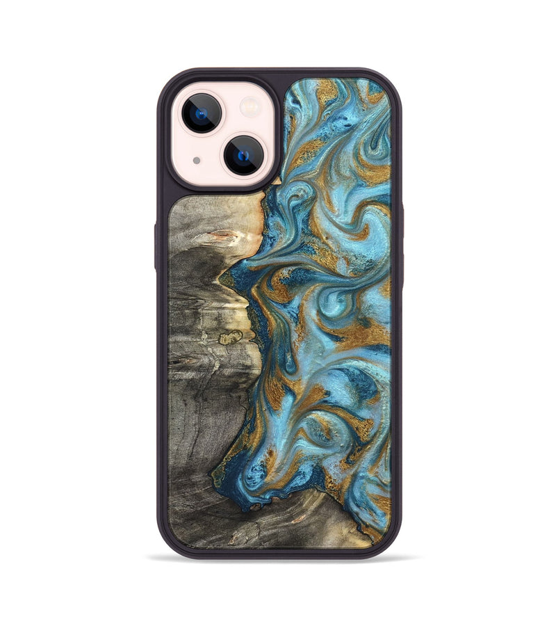 iPhone 14 Wood Phone Case - Kisha (Teal & Gold, 824555)