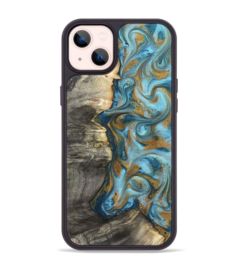 iPhone 14 Plus Wood Phone Case - Kisha (Teal & Gold, 824555)