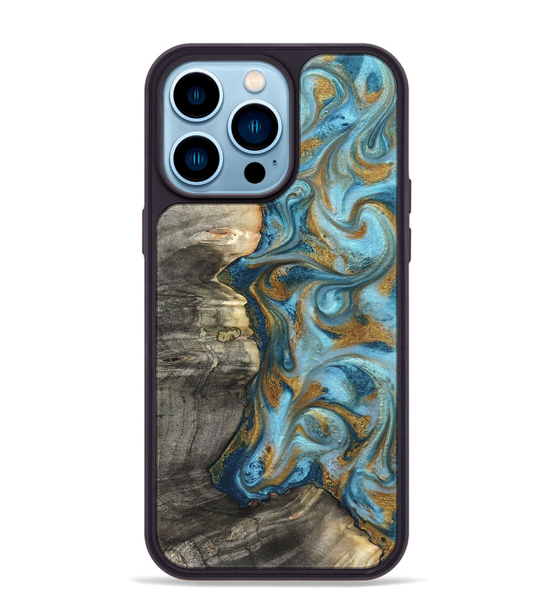 iPhone 14 Pro Max Wood Phone Case - Kisha (Teal & Gold, 824555)