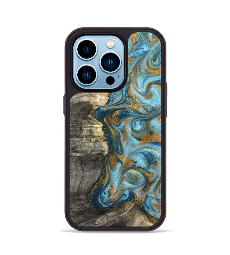 iPhone 14 Pro Wood Phone Case - Kisha (Teal & Gold, 824555)