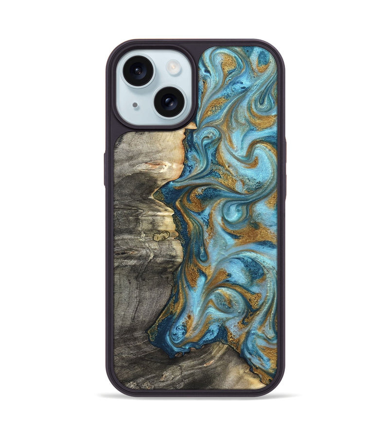 iPhone 15 Wood Phone Case - Kisha (Teal & Gold, 824555)