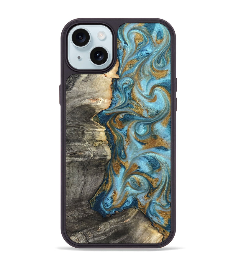 iPhone 15 Plus Wood Phone Case - Kisha (Teal & Gold, 824555)