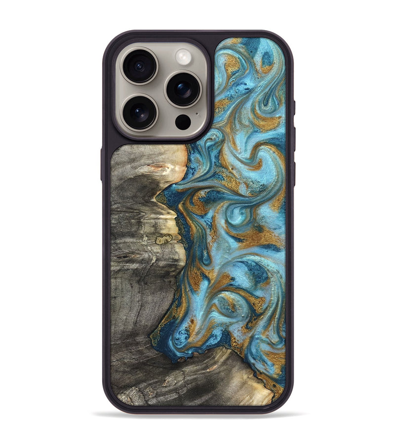iPhone 15 Pro Max Wood Phone Case - Kisha (Teal & Gold, 824555)