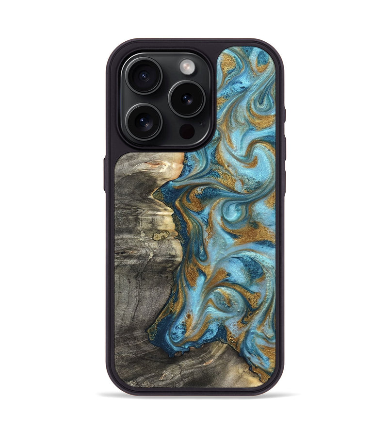 iPhone 15 Pro Wood Phone Case - Kisha (Teal & Gold, 824555)