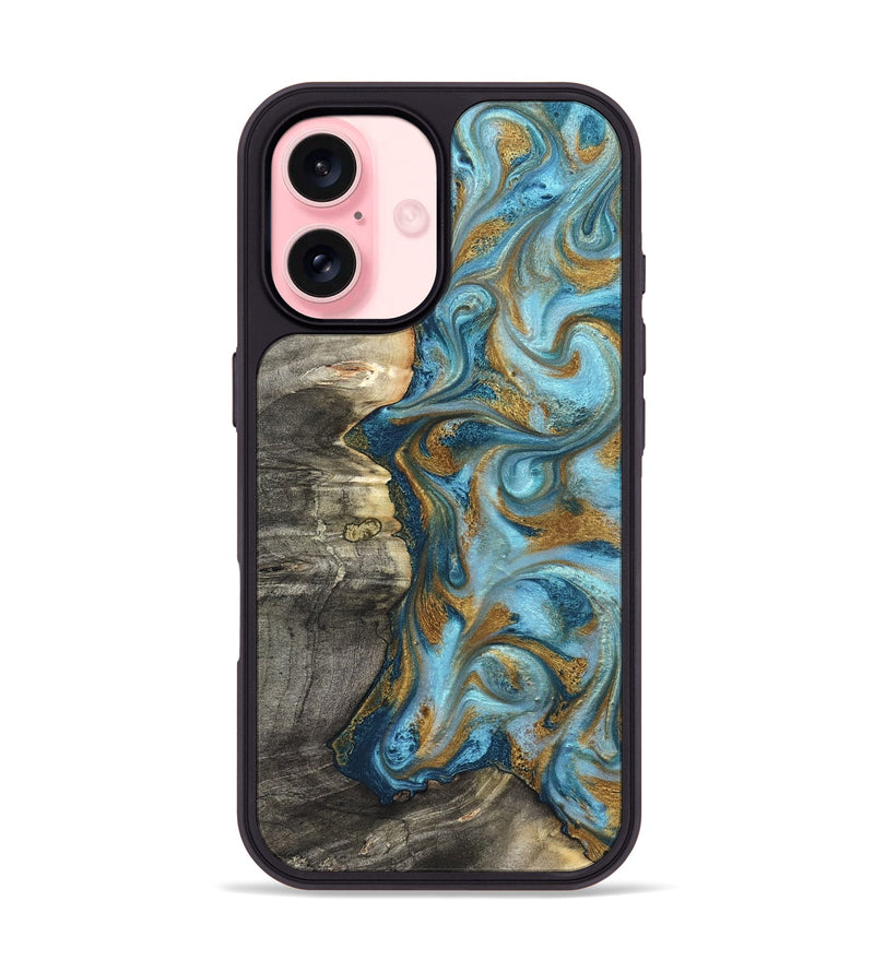 iPhone 16 Wood Phone Case - Kisha (Teal & Gold, 824555)