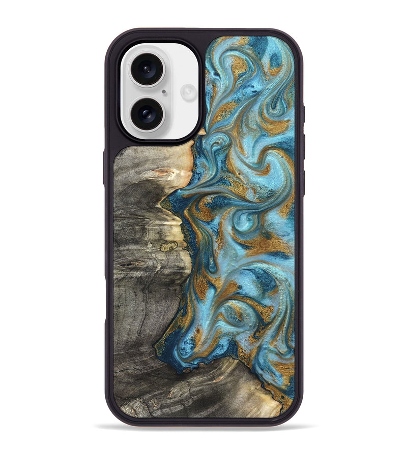 iPhone 16 Plus Wood Phone Case - Kisha (Teal & Gold, 824555)
