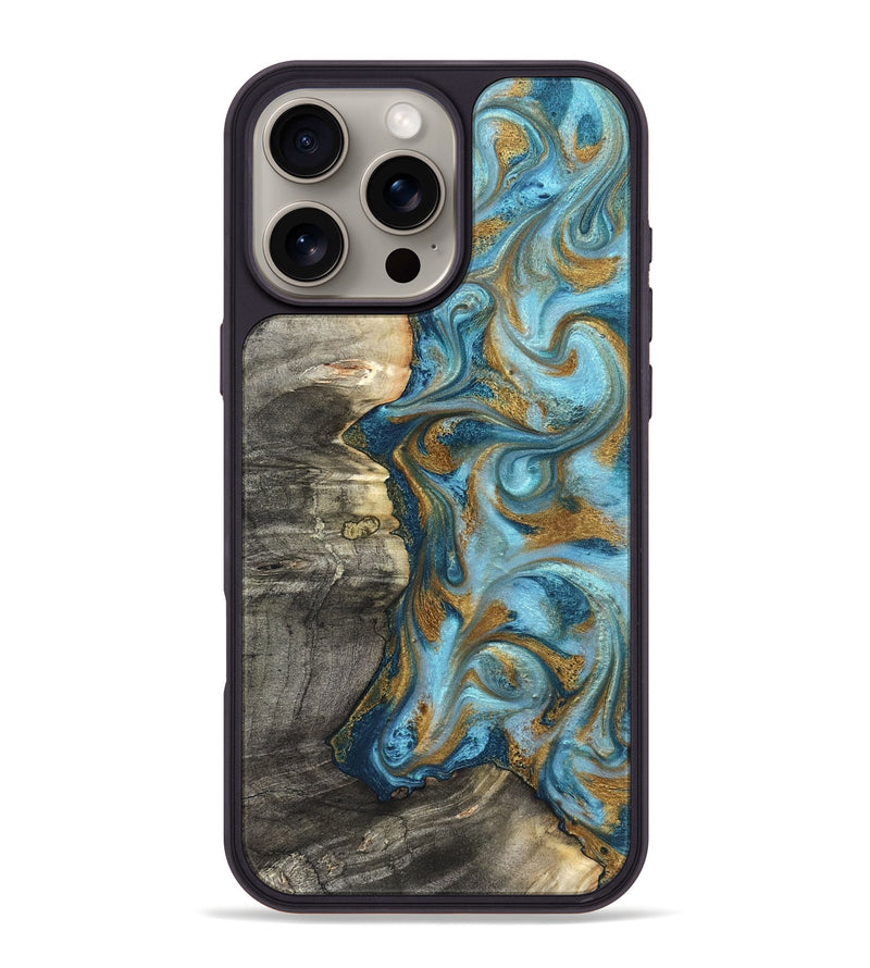iPhone 16 Pro Max Wood Phone Case - Kisha (Teal & Gold, 824555)