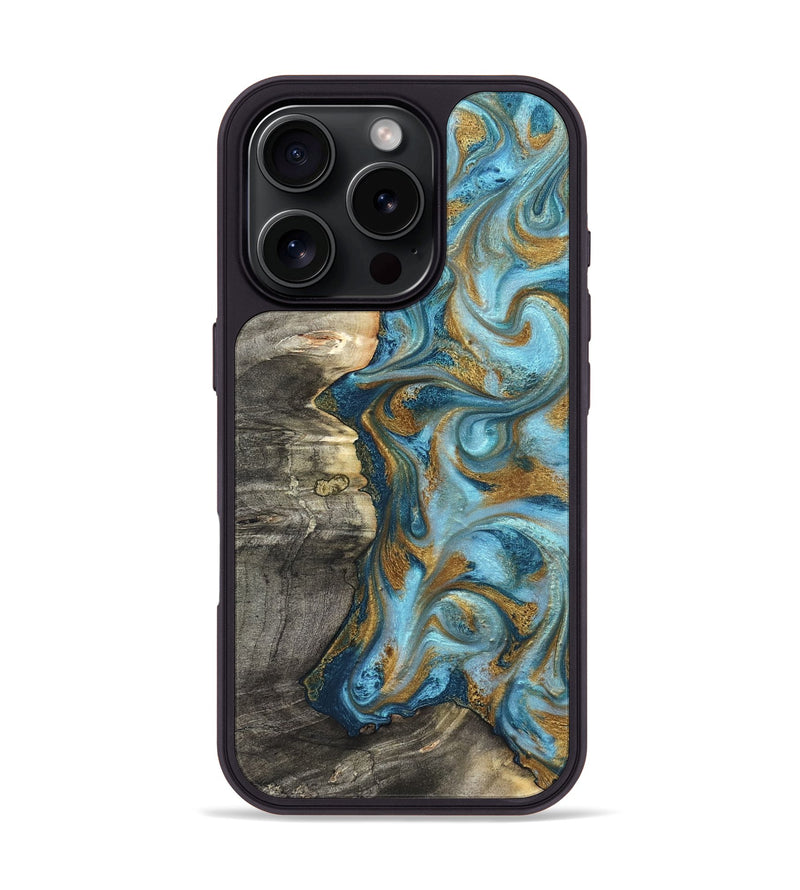 iPhone 16 Pro Wood Phone Case - Kisha (Teal & Gold, 824555)