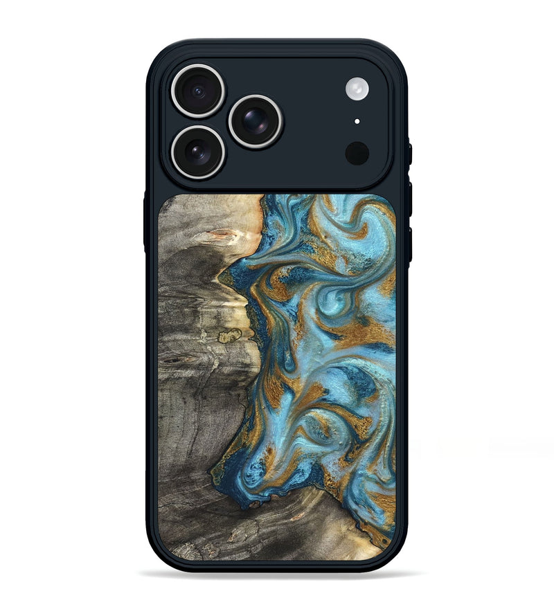 iPhone 17 Pro Max Wood Phone Case - Kisha (Teal & Gold, 824555)