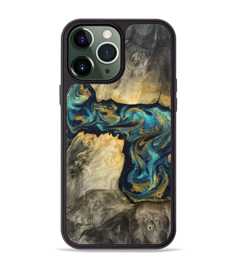 iPhone 13 Pro Max Wood Phone Case - Clare (Teal & Gold, 824568)